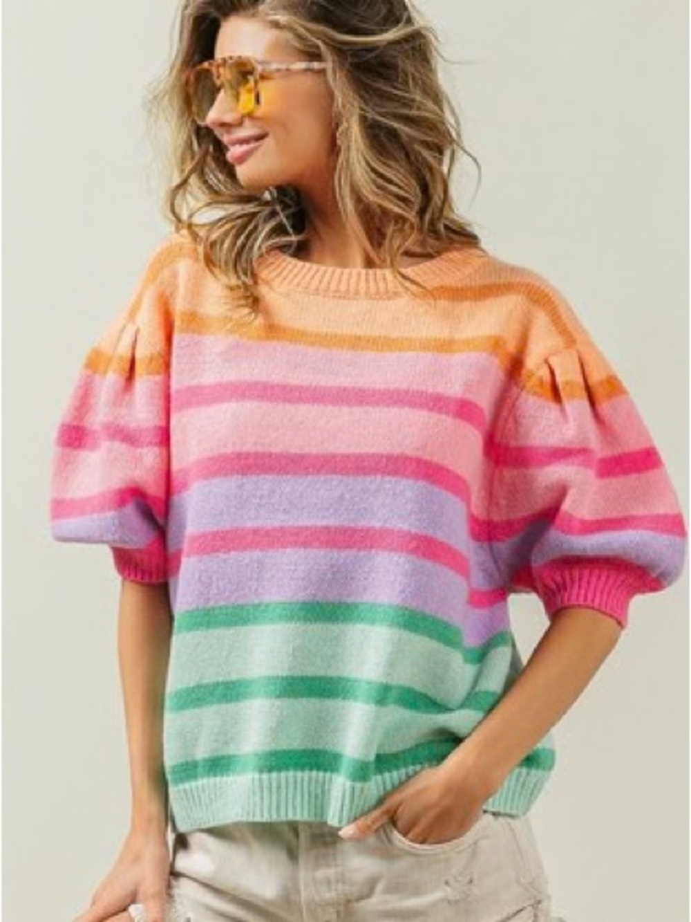 BiBi Colorful Stripe Bubble Short Sleeve Sweater